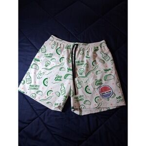 Malibu Strings Mens Taco Love Board Shorts White Green Size 34 Swim Trunks USA
